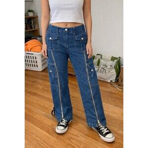 High Rise Wide Leg Cargo Jeans Y2K Inspired Zip Front Utility Denim Streetwear